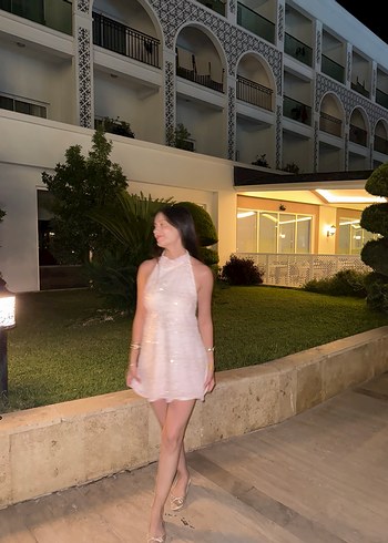 Dantel Detaylı Pembe Midi Abiye Elbise - Görsel 2