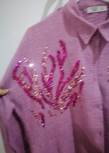 Uzun Kollu Mor Nakışlı Bohem Gömlek tunik - Görsel 2