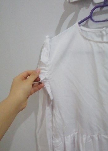 Uzun Beyaz Keten Fırfırlı tesettür Elbise - Görsel 2