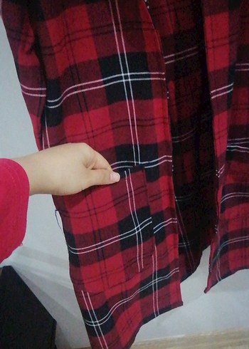 Kırmızı Ekose Düğmeli Uzun Kollu Kadın Gömlek - Görsel 2