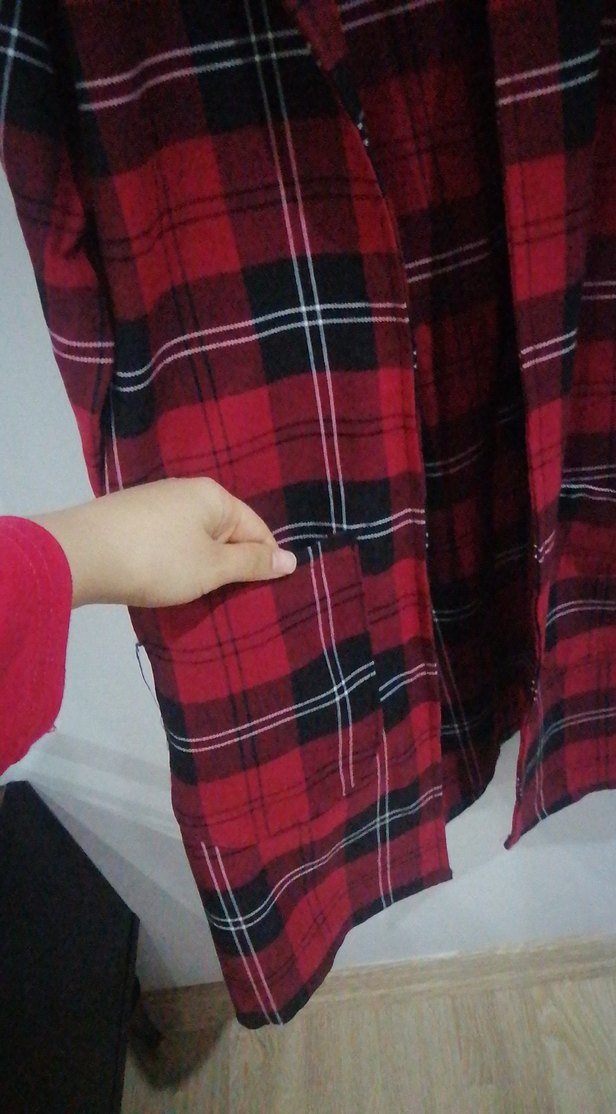 Kırmızı Ekose Düğmeli Uzun Kollu Kadın Gömlek - Görsel 2