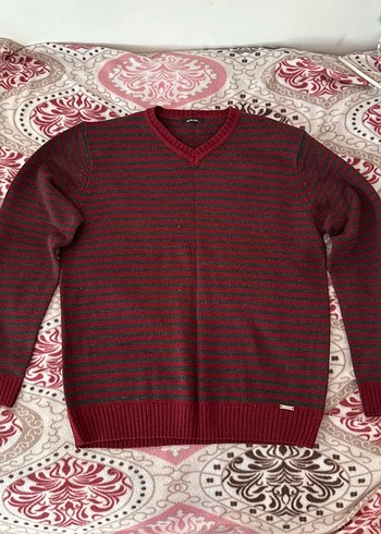 Sevenhill Bordo V Yaka Çizgili Triko Kazak