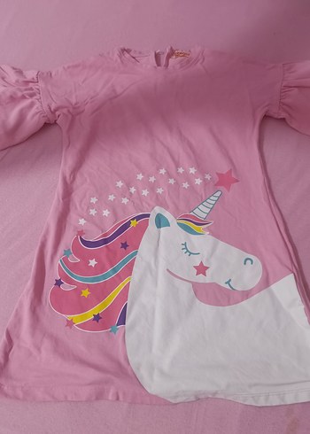 Pembe Unicorn Baskılı Kısa Kollu Elbise