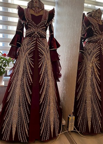 m Beden bordo Renk Bordo İşlemeli Uzun Kollu Henna Elbise