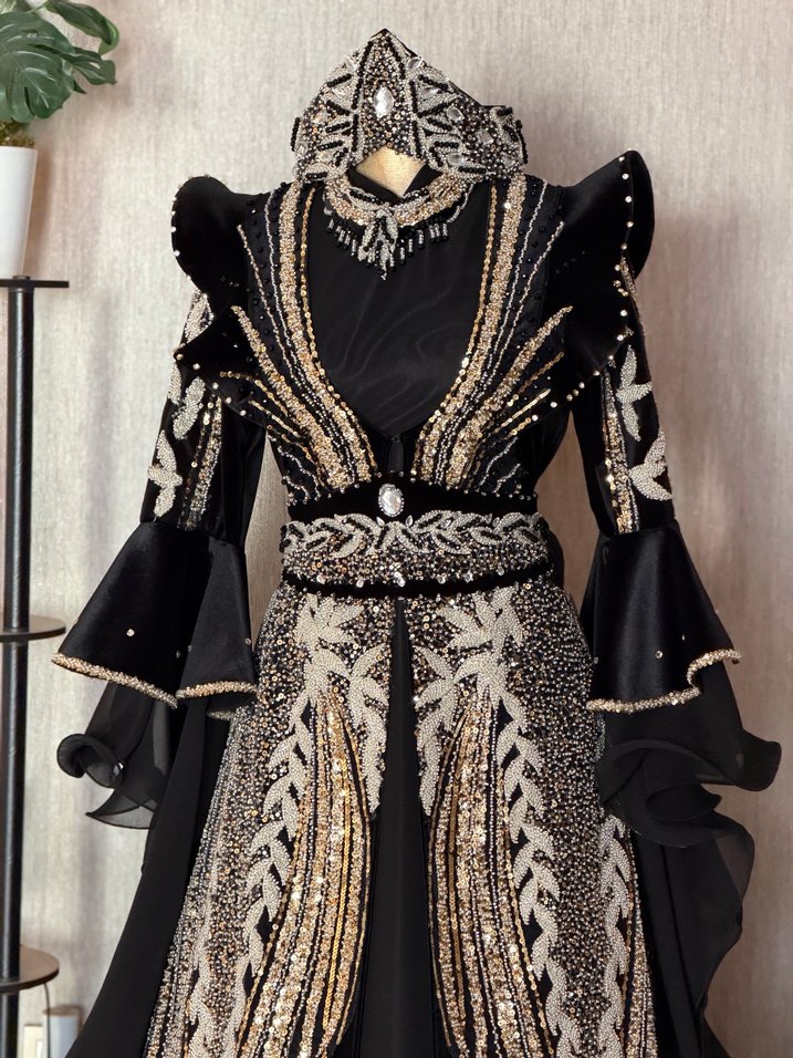 Nakışlı Siyah Uzun Kollu Kadın kına Elbisesi - Görsel 2