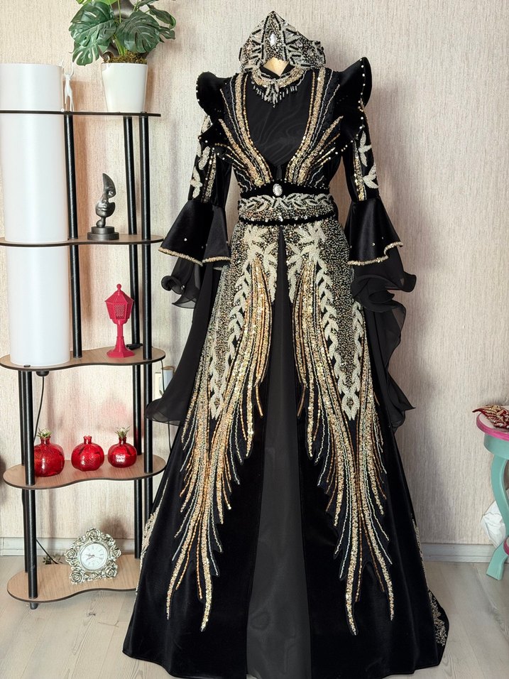 Nakışlı Siyah Uzun Kollu Kadın kına Elbisesi - Görsel 4