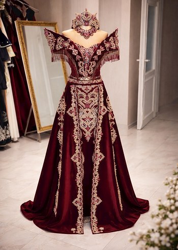 Bordo Nakışlı Uzun Kadın Bindallı Elbise - Görsel 3