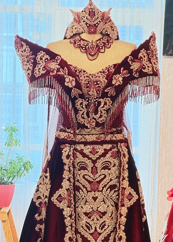 Bordo Nakışlı Uzun Kadın Bindallı Elbise - Görsel 2