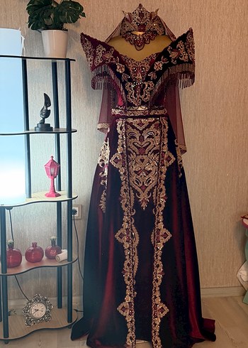 Bordo Nakışlı Uzun Kadın Bindallı Elbise - Görsel 7