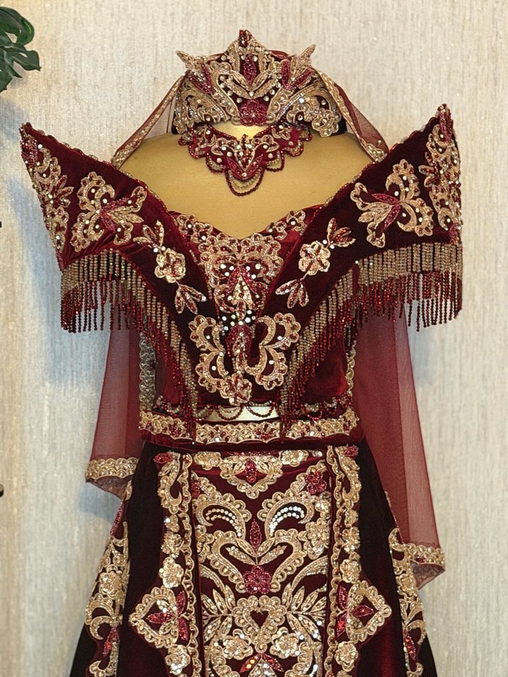 Bordo Nakışlı Uzun Kadın Bindallı Elbise - Görsel 4