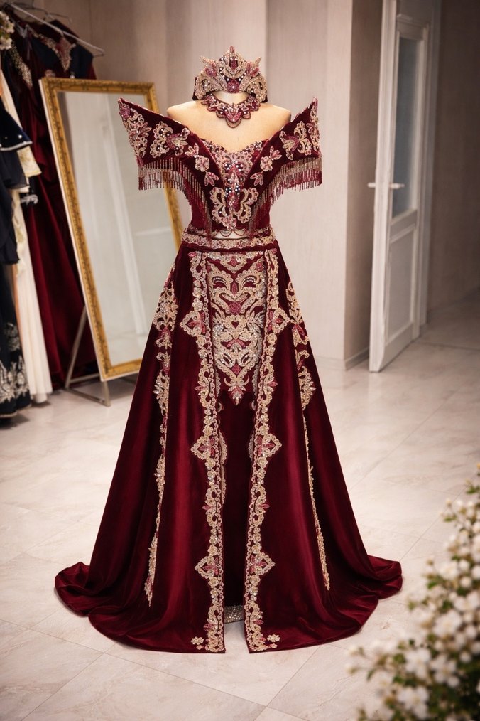 Bordo Nakışlı Uzun Kadın Bindallı Elbise - Görsel 3