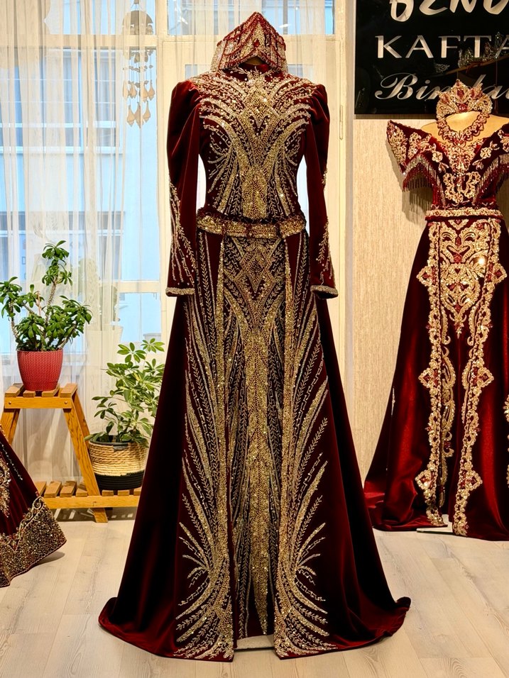 Bordo Kadın Uzun Kollu tesettür Kaftan - Görsel 4