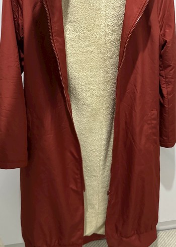 Kiremit rengi Midi kışlık Mont Fermuarlı şapkalı içi yünlü - Görsel 5