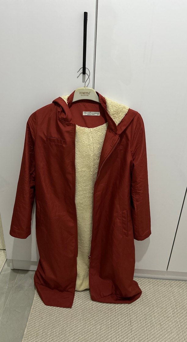 Kiremit rengi Midi kışlık Mont Fermuarlı şapkalı içi yünlü - Görsel 3