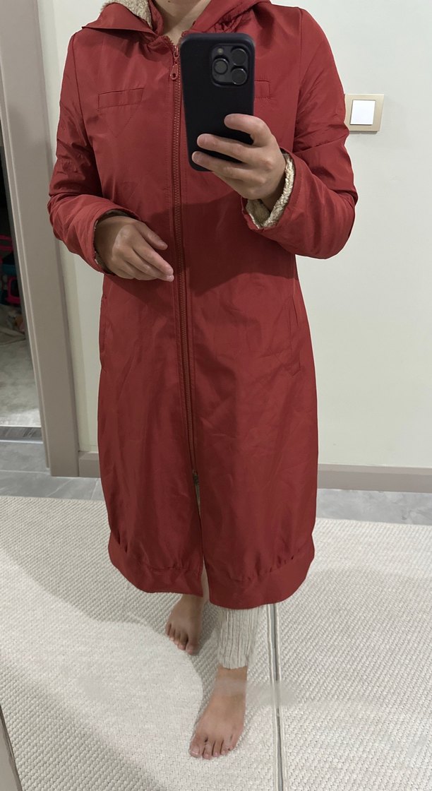 Kiremit rengi Midi kışlık Mont Fermuarlı şapkalı içi yünlü - Görsel 2