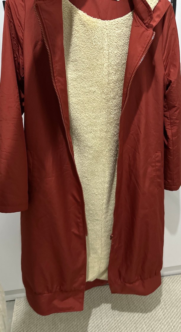 Kiremit rengi Midi kışlık Mont Fermuarlı şapkalı içi yünlü - Görsel 5