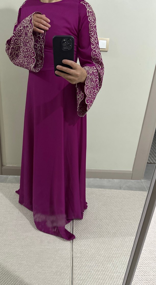 Mor İşlemeli Uzun Kollu Henna Elbise - Görsel 2
