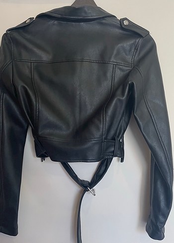 s Beden Siyah Kemerli Deri Biker Ceket