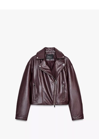 Zara Crop Bordo Deri Kadın Biker Ceket