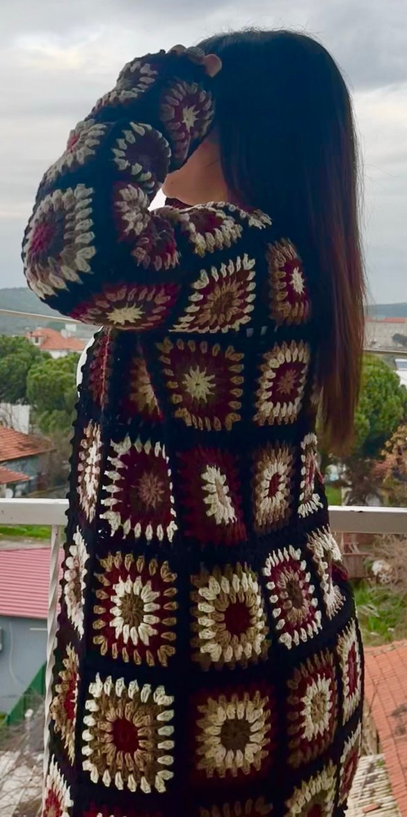 Bohem Tarz Örgü Kadın Hırka, Kahverengi - Görsel 2