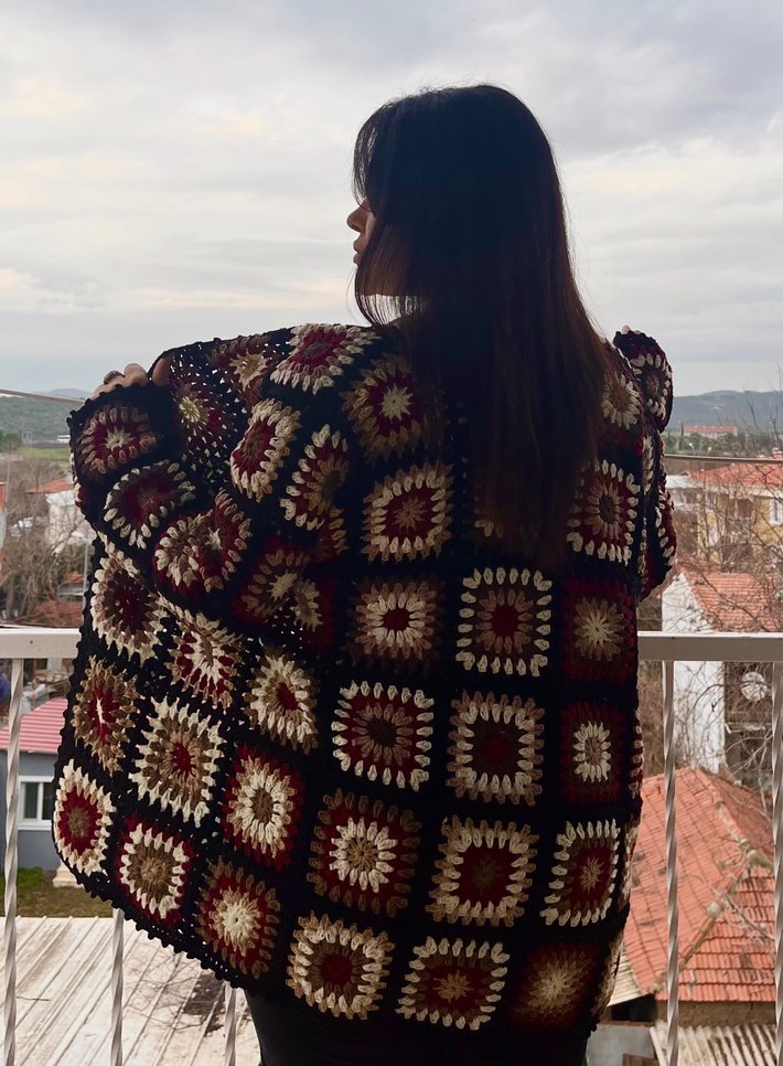 Bohem Tarz Örgü Kadın Hırka, Kahverengi - Görsel 4