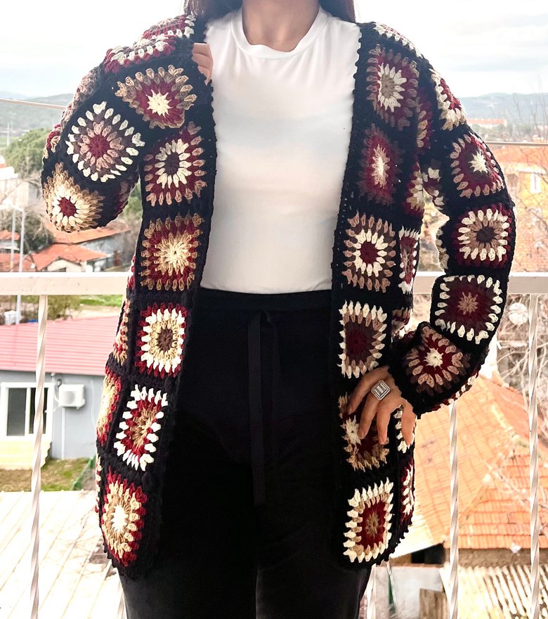 Bohem Tarz Örgü Kadın Hırka, Kahverengi - Görsel 3