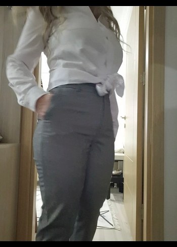 Gri Regular Fit Midi Keten Ofis Pantolonu - Görsel 2