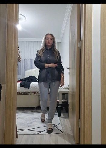 Gri Uzun Kollu Denim Ofis Gömleği - Görsel 3