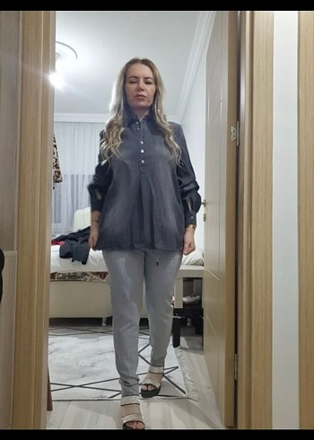 Gri Uzun Kollu Denim Ofis Gömleği - Görsel 2