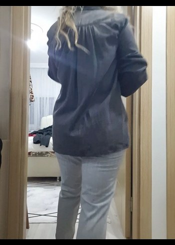 Gri Uzun Kollu Denim Ofis Gömleği - Görsel 4