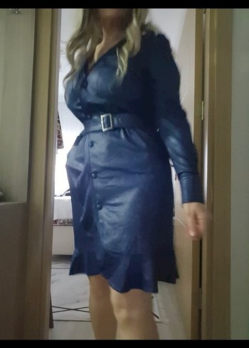 Kadın Lacivert Deri Kemerli Midi elbise - Görsel 4