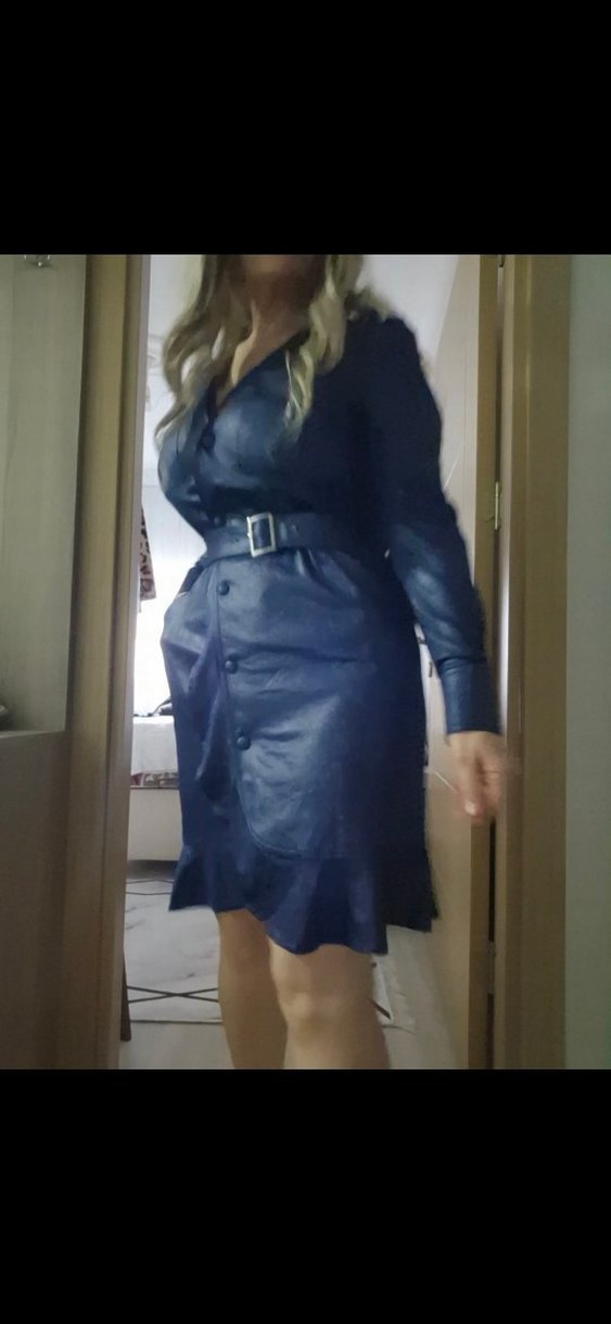 Kadın Lacivert Deri Kemerli Midi elbise - Görsel 4