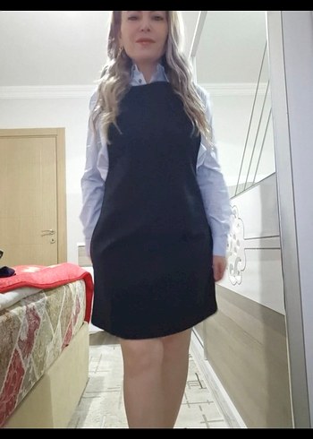 Siyah Midi Ofis Elbisesi, kolsuzYüksek Yaka - Görsel 6