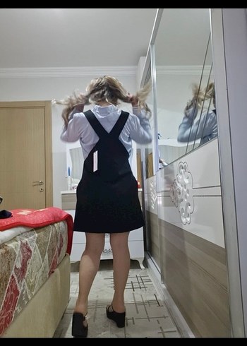 Siyah Midi Ofis Elbisesi, kolsuzYüksek Yaka - Görsel 8