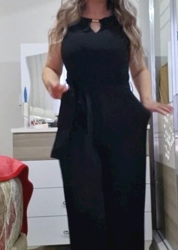 Siyah V Yaka Kadın Midi Tulum - Görsel 2