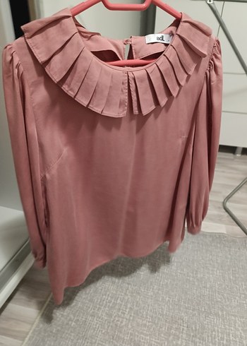 Pembe Süet Kadın Bluz, Fırfırlı Yaka, Uzun Kollu - Görsel 4