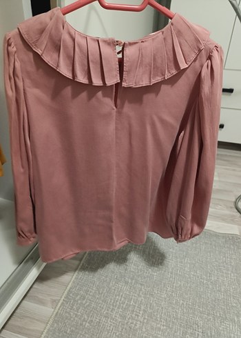 Pembe Süet Kadın Bluz, Fırfırlı Yaka, Uzun Kollu - Görsel 3