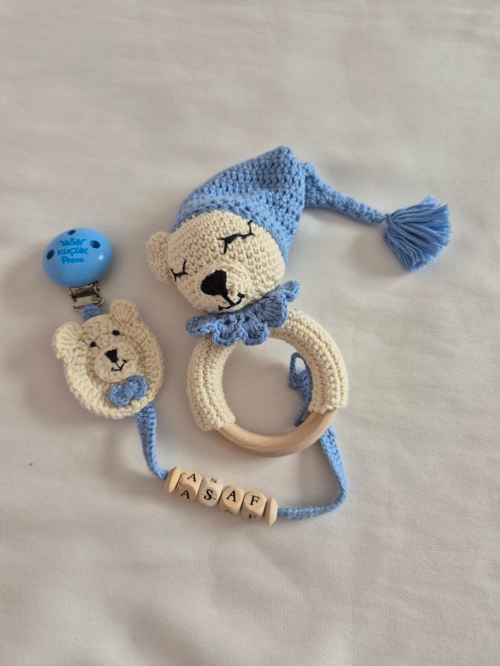 Mavi Örgü Ayıcık Diş Kaşıyıcı ve Çıngırak - Görsel 4