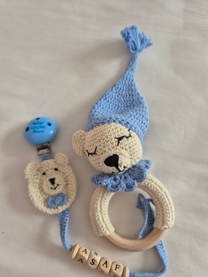 Mavi Örgü Ayıcık Diş Kaşıyıcı ve Çıngırak - Görsel 3