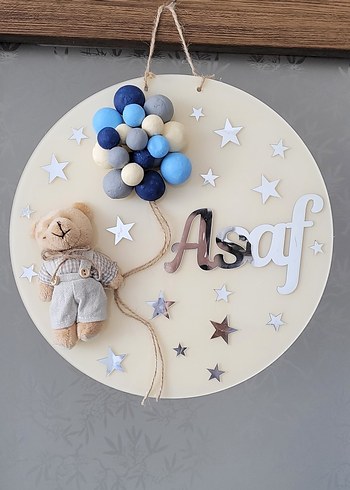 Mavi Gri Balonlu Ayıcık Duvar Süsü - Görsel 2