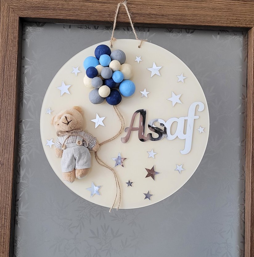 Mavi Gri Balonlu Ayıcık Duvar Süsü - Görsel 2