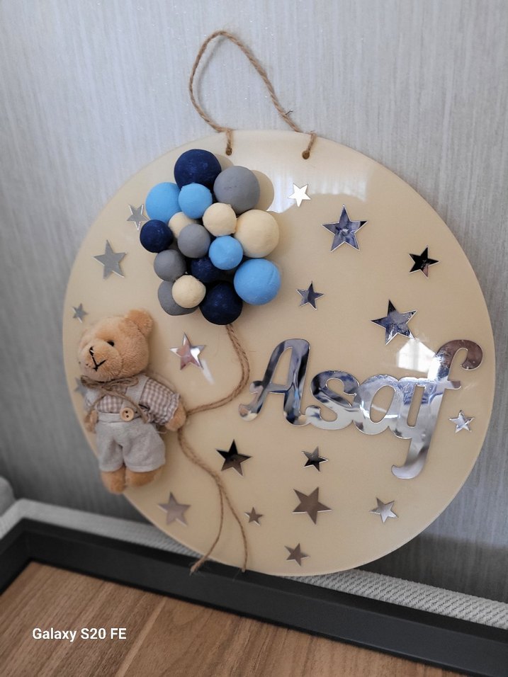 Mavi Gri Balonlu Ayıcık Duvar Süsü - Görsel 4