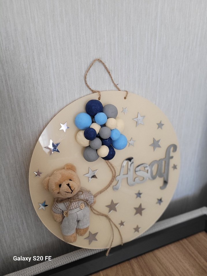 Mavi Gri Balonlu Ayıcık Duvar Süsü - Görsel 5