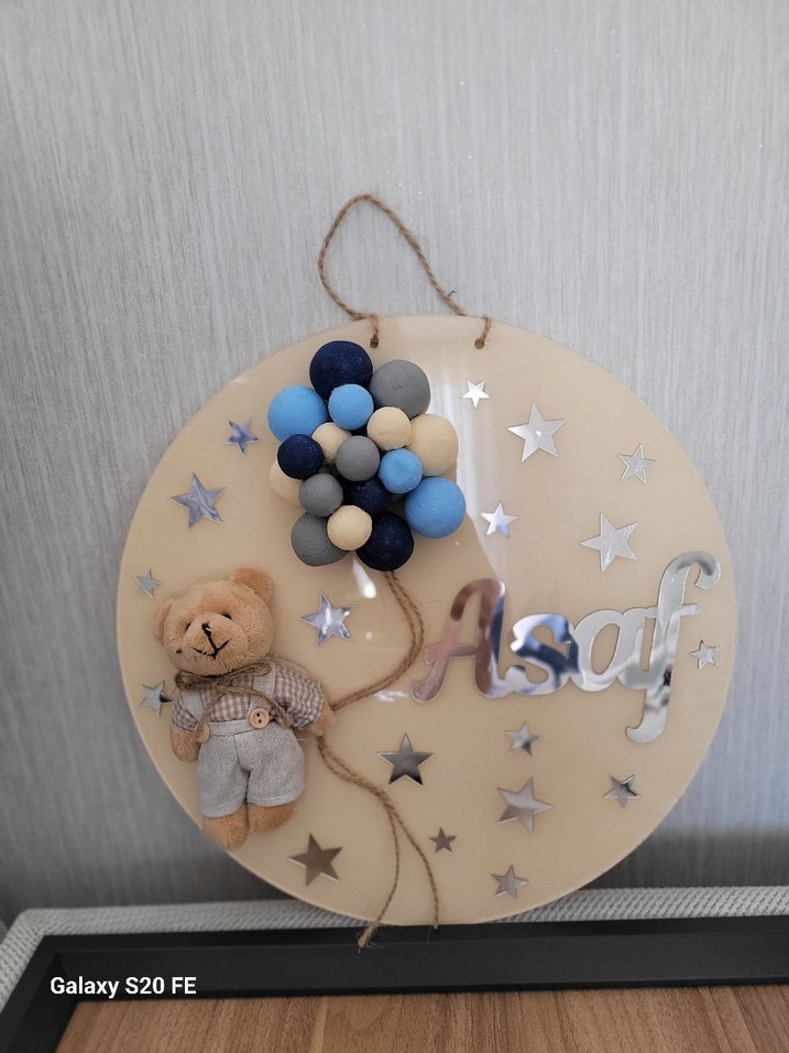 Mavi Gri Balonlu Ayıcık Duvar Süsü - Görsel 3