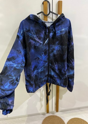 Kadın Mavi Batik Desenli Fermuarlı Ceket - Görsel 2