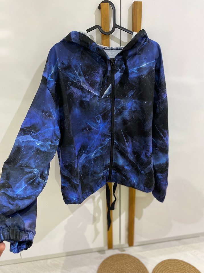 Kadın Mavi Batik Desenli Fermuarlı Ceket - Görsel 2