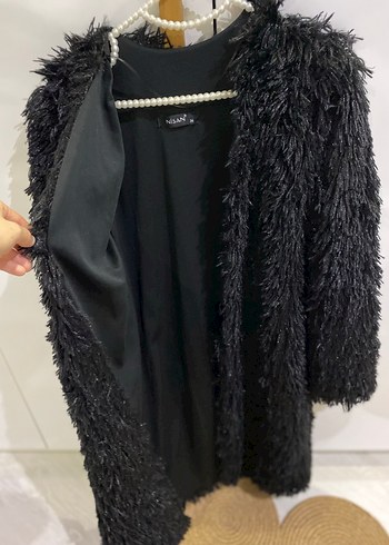 Siyah Uzun Kollu Kadın Suni Kürk Kaban - Görsel 3