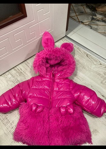 24-36 Ay Beden Pembe Kürklü Kapüşonlu Midi çocuk Mont
