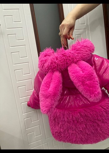 Pembe Kürklü Kapüşonlu Midi çocuk Mont
