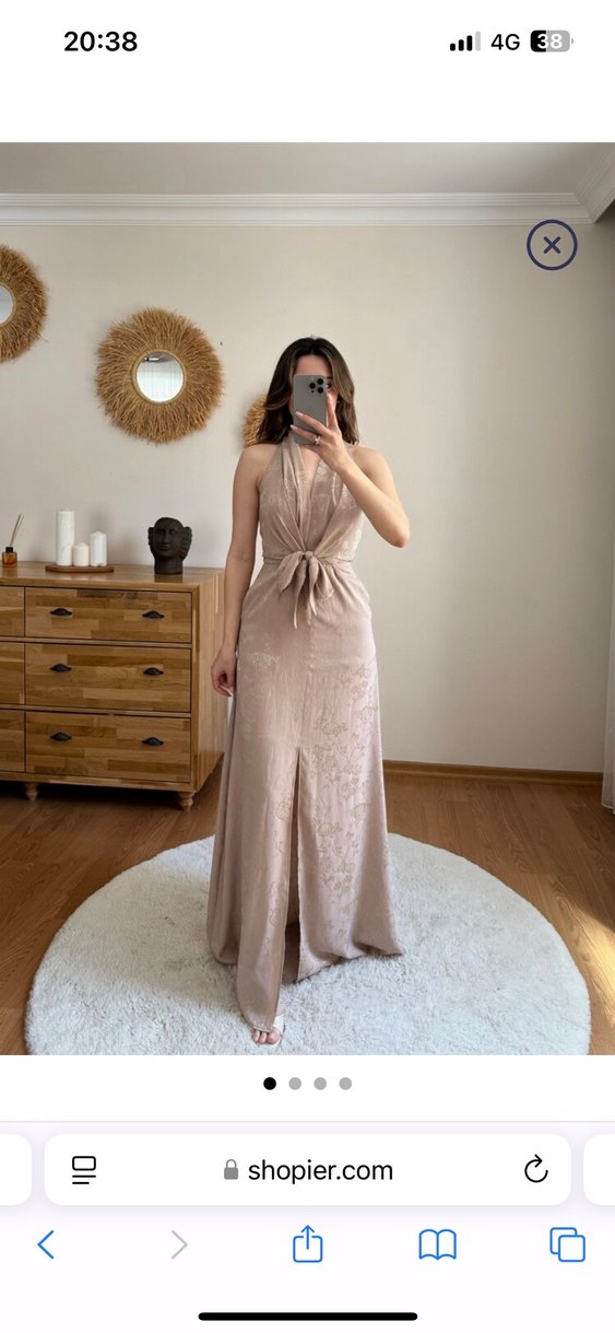 Cepli Bağlama Detaylı Yırtmaçlı Bej Uzun Elbise Abiye - Görsel 2